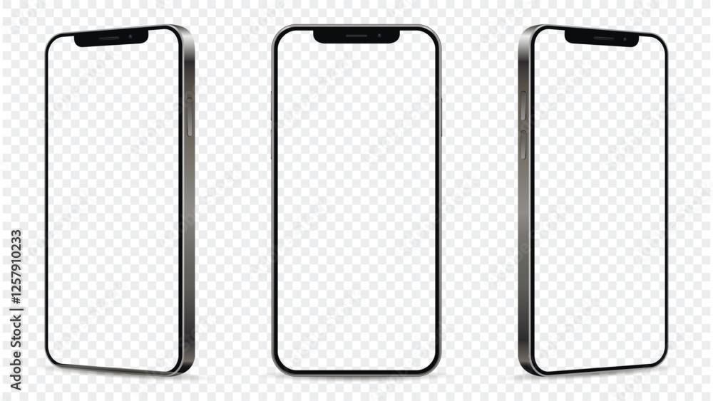 Three smartphones with empty transparent screens. Mobile phone isolated on transparent background Three smartphones with empty transparent screens. Mobile phone isolated on transparent background
