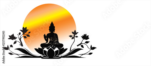 Vesak Day Monochrome Silhouette – Buddha Meditation on Lotus