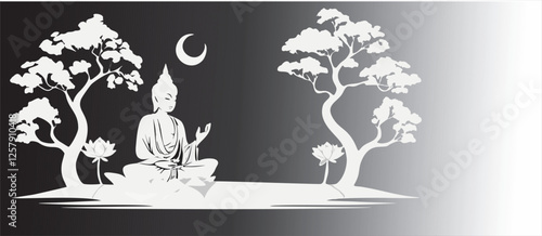Vesak Day Monochrome Silhouette – Buddha Meditation on Lotus