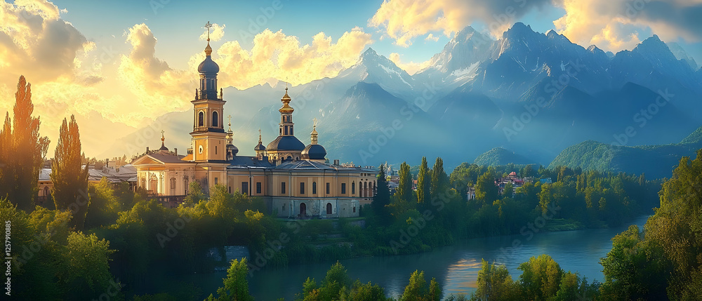 Fototapeta premium Sunrise church, mountain view, river, calm