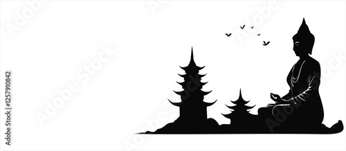 Vesak Day Monochrome Silhouette – Buddha Meditation on Lotus