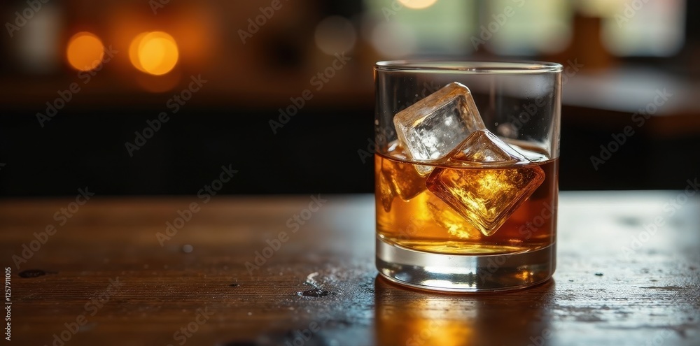 Whiskey glass with ice cubes on a wooden table, whiskey, glass Whiskey glass with ice cubes on a wooden table, whiskey, glass