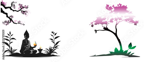 Vesak Day Monochrome Silhouette – Buddha Meditation on Lotus