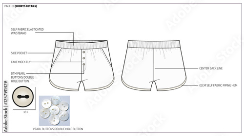 Outerwear nylon Shorts Fashion Design Technical Tech Pack. 