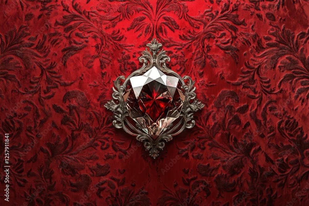 Fototapeta premium Red gem in ornate setting against damask background