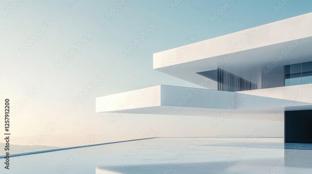 White minimalist office building with a hovering rooftop structure, futuristic look White minimalist office building with a hovering rooftop structure, futuristic look