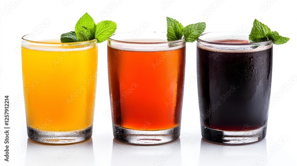 Three glasses of colorful drinks, arranged in a horizontal row against a plain white background. The glasses are filled with orange juice, reddish Three glasses of colorful drinks, arranged in a horizontal row against a plain white background. The glasses are filled with orange juice, reddish