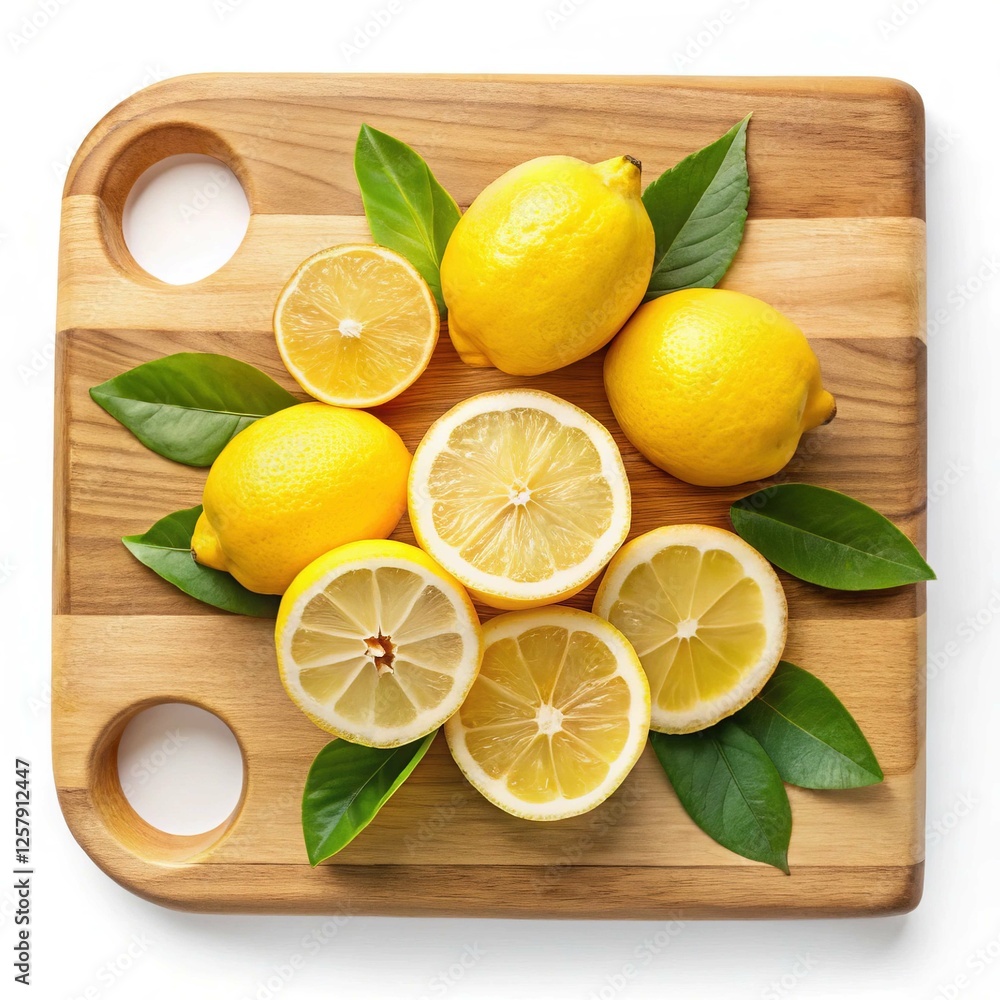 Sliced and whole lemons on a wooden board isolated on white background-Whole and sliced lemons arranged on a wooden cutting board with green leaves, highlighting fresh yellow fruit. Sliced and whole lemons on a wooden board isolated on white background-Whole and sliced lemons arranged on a wooden cutting board with green leaves, highlighting fresh yellow fruit.