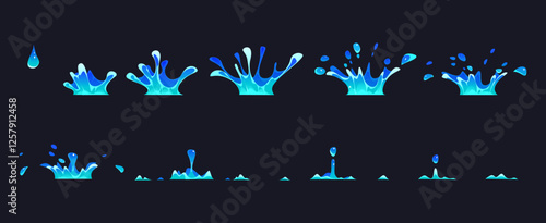 Corona water splash animated sprite sheet for VFX effect, vector cartoon animation. Water drop falling with corona splash in motion for video FX sprite sheet and animated frame of cartoon splashing