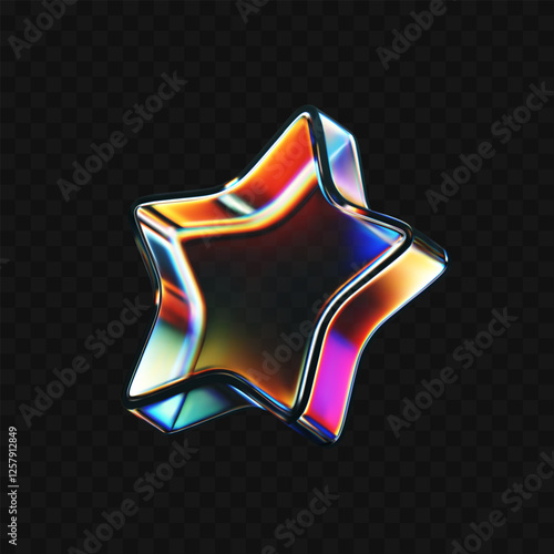 3D glass star icon with refraction and holographic effect isolated on dark background. Render transparent glass star with overlay dispersion light, rainbow gradient. 3d vector morphism