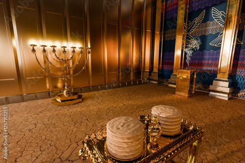 View inside the Holy Place of the Sanctuary described in the book of Moses. Exodus, Old Testament. Showbread, Lampstand, and Altar of Incense.