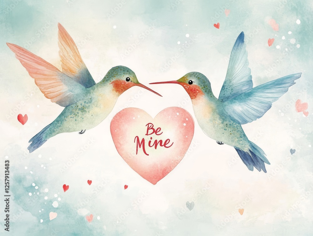 Fototapeta premium Romantic watercolor hummingbirds with heart and love message 