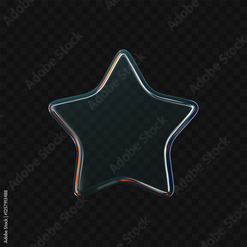 3D glass star icon with refraction and holographic effect isolated on dark background. Render transparent glass star with overlay dispersion light, rainbow gradient. 3d vector morphism