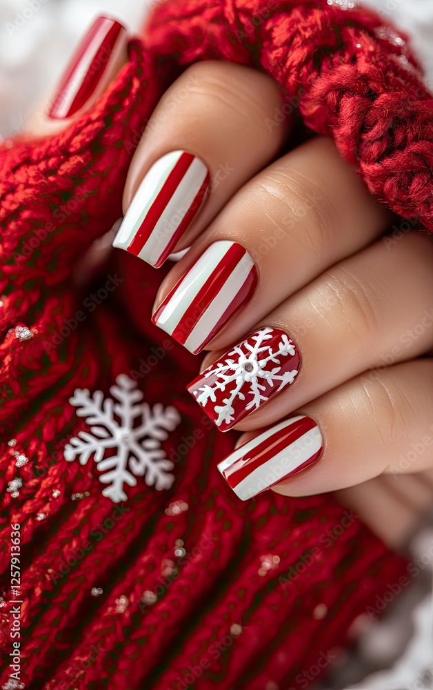 Red and white striped Christmas nails with snowflakes, close-up on the hand of an attractive woman in red knitted gloves. Red and white striped Christmas nails with snowflakes, close-up on the hand of an attractive woman in red knitted gloves.