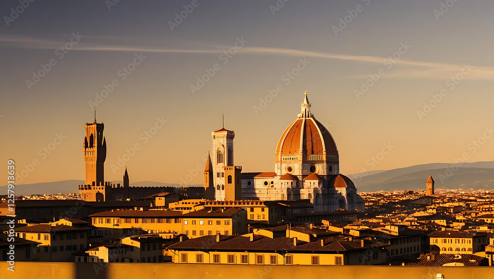Fototapeta premium majestic shot of the Florence skyline at golden hour, with the sun casting a warm glow over the city, the Duomo standing tall against the sky