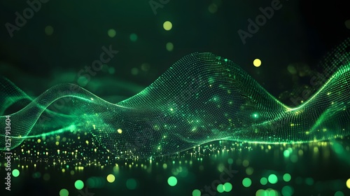 Futuristic Green Technology Background with Glowing Digital Waves and Circuit Lines
