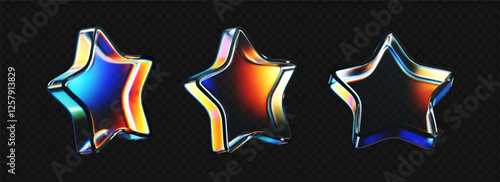 3D glass star icon set with refraction and holographic effect isolated on dark background. Render transparent glass star with overlay dispersion light, rainbow gradient. 3d vector morphism