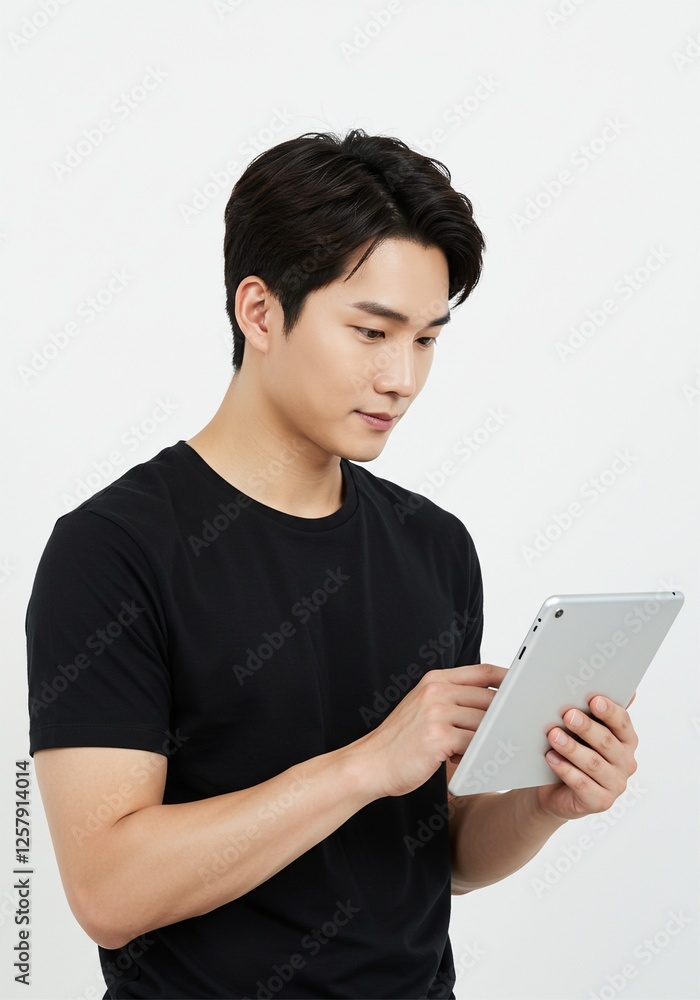 Happy young man using digital tablet wearing plain t-shirt isolated on white background . Ai generative Happy young man using digital tablet wearing plain t-shirt isolated on white background . Ai generative