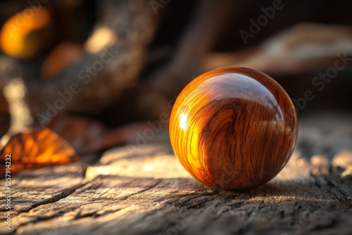 Wooden sphere resting on textured surface amidst natural surroundings during golden hour photo