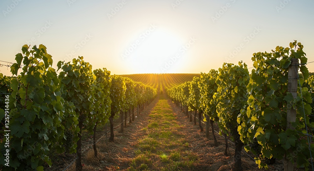 Fototapeta premium Vineyard at Sunset Rows of Grapevines with Warm Sunlight and Sky