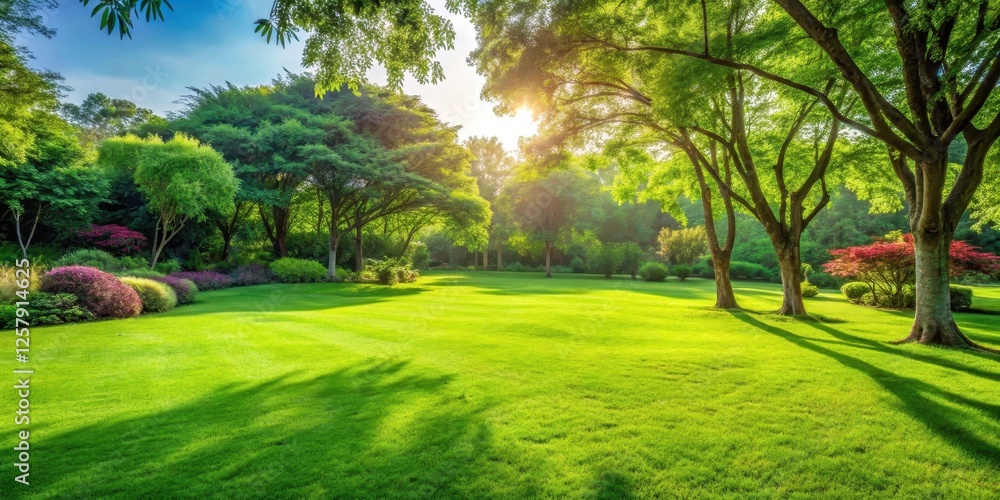 Obraz premium Lush green grass lawn with vibrant foliage, serene atmosphere, vibrant green grass