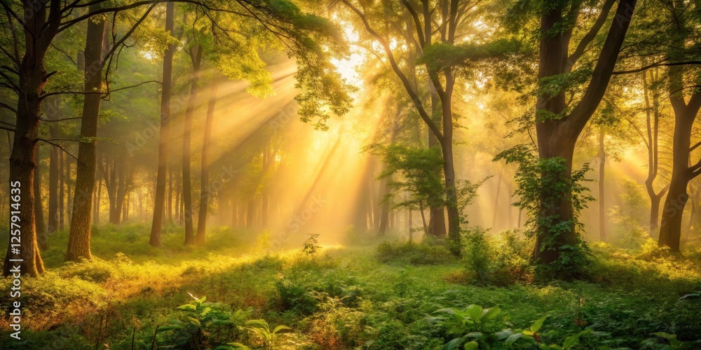 Fototapeta premium Soft golden light filters through dense foliage in a misty forest glade , natural, peaceful, natural, peaceful, sunlight