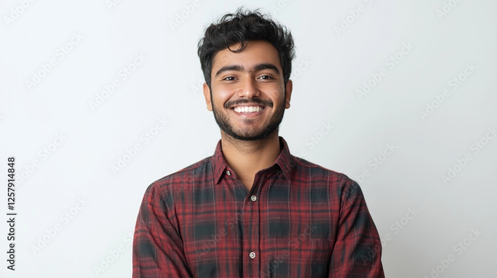 Obraz premium Standing gracefully, an Indian man exudes elegance in his stylish shirt as he shares a warm smile. The soft indoor light accentuates his joyful demeanor, creating a welcoming atmosphere