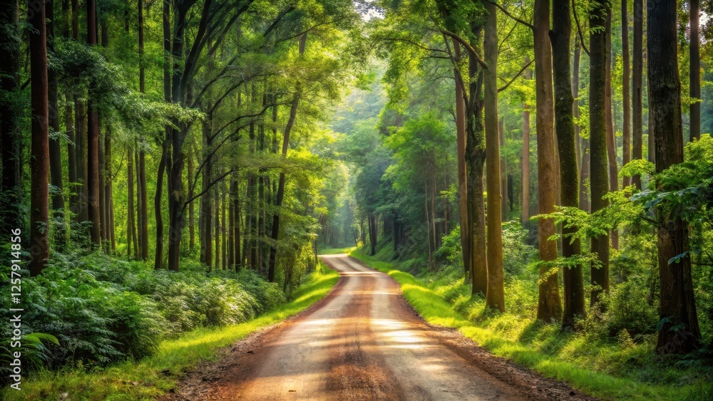 Obraz premium Dirt road winding through lush forest scenery with tall trees and greenery on both sides, dense foliage, woodland scene