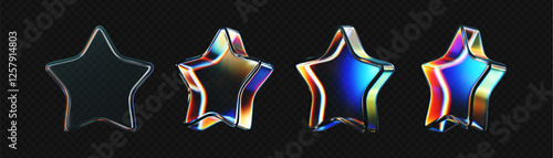 3D glass star icon set with refraction and holographic effect isolated on dark background. Render transparent glass star with overlay dispersion light, rainbow gradient. 3d vector morphism