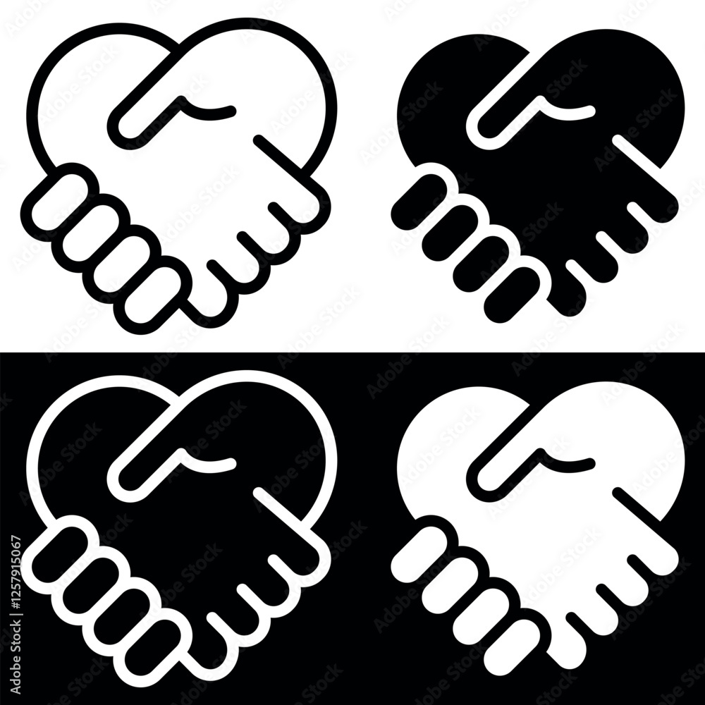 Obraz premium Heart Handshake Icons. Handshake icon in fill and strock shape. A Symbol of Trust, Unity, and Partnership. Vector illustration isolated on black and white background.