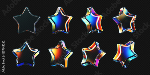 3D glass star icon set with refraction and holographic effect isolated on dark background. Render transparent glass star with overlay dispersion light, rainbow gradient. 3d vector morphism