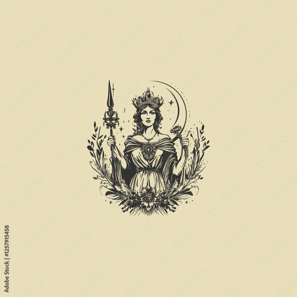 Obraz premium Hera ancient greek Goddess of marriage design vector template logo t-shirt illustration