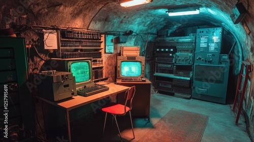 Retro computer room in a vintage basement.