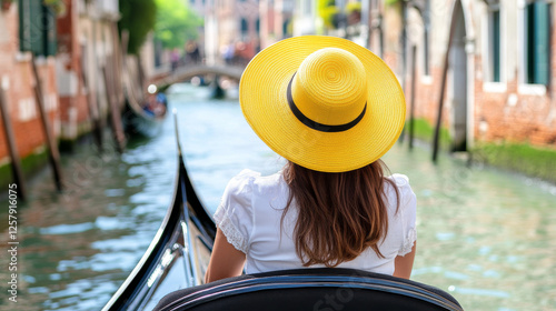 woman wearing yellow hat enjoys scenic gondola ride through picturesque canal in Venice, surrounded by historic buildings and charming bridge