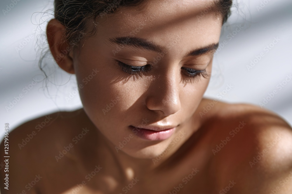 Naklejka premium Serene Beauty with Natural Glow and Soft Lighting. A close-up portrait of a woman with smooth skin, natural makeup, and soft lighting that highlights her serene beauty.