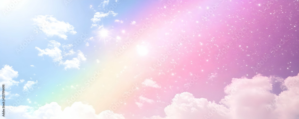 Pastel sky, clouds, rainbow, shine. Design background Pastel sky, clouds, rainbow, shine. Design background