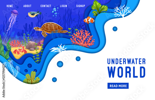 Landing page template with paper cut underwater landscape, vector webpage background. Ocean undersea or sea underwater landing page or webpage template with web menu buttons in paper cut cartoon water