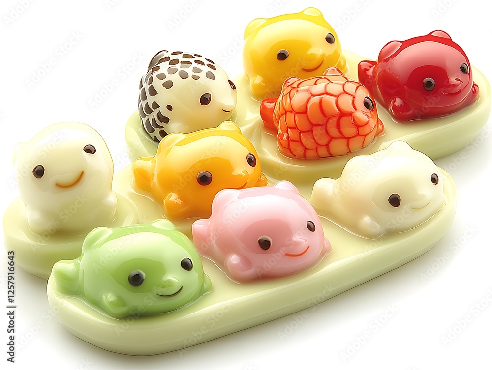 • A petite tray of adorable fish-shaped dumplings, each tinted a pastel color, is set on a pure white plane. The diffused, high-contrast lighting highlights their subtle detailing and neat pleats, • A petite tray of adorable fish-shaped dumplings, each tinted a pastel color, is set on a pure white plane. The diffused, high-contrast lighting highlights their subtle detailing and neat pleats,