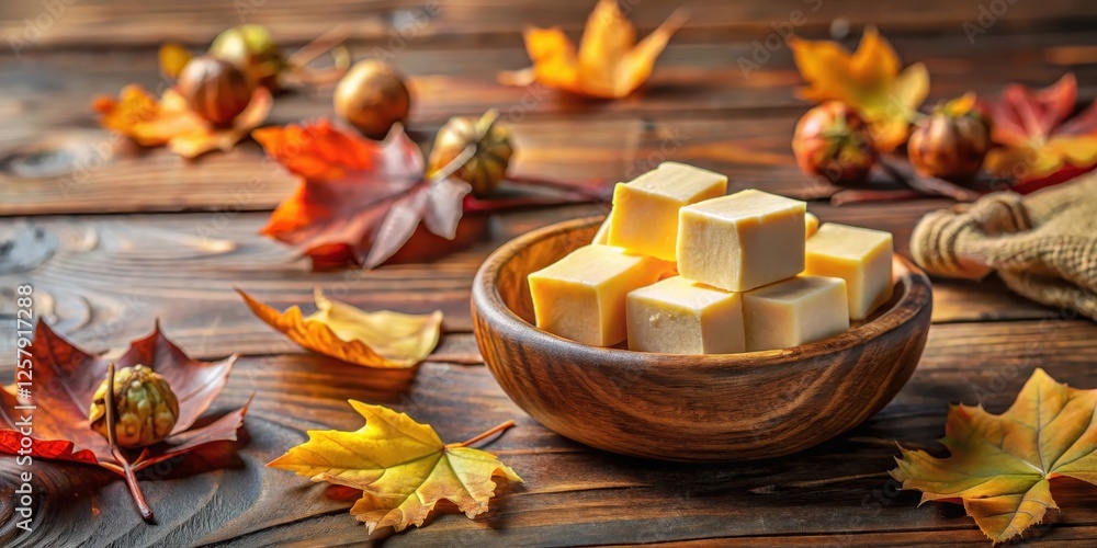 Fototapeta premium Fresh butter cubes sitting in a charming wooden bowl on a rustic table, surrounded by a warm and cozy atmosphere of autumn leaves and seasonal flowers, rustic, natural elements