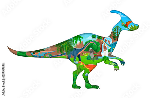 Paper cut dinosaur silhouette with prehistoric landscape and dino species roam amidst lush foliage, waterfalls and hills. 3d vector frame in shape of parasaurolophus dinosaur with ancient environment