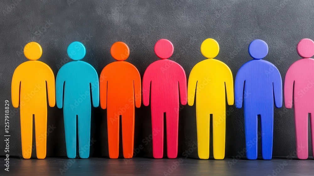A row of colorful wooden figurines, representing diverse individuals, stands against a dark gray background speckled with white chalk dust. The A row of colorful wooden figurines, representing diverse individuals, stands against a dark gray background speckled with white chalk dust. The