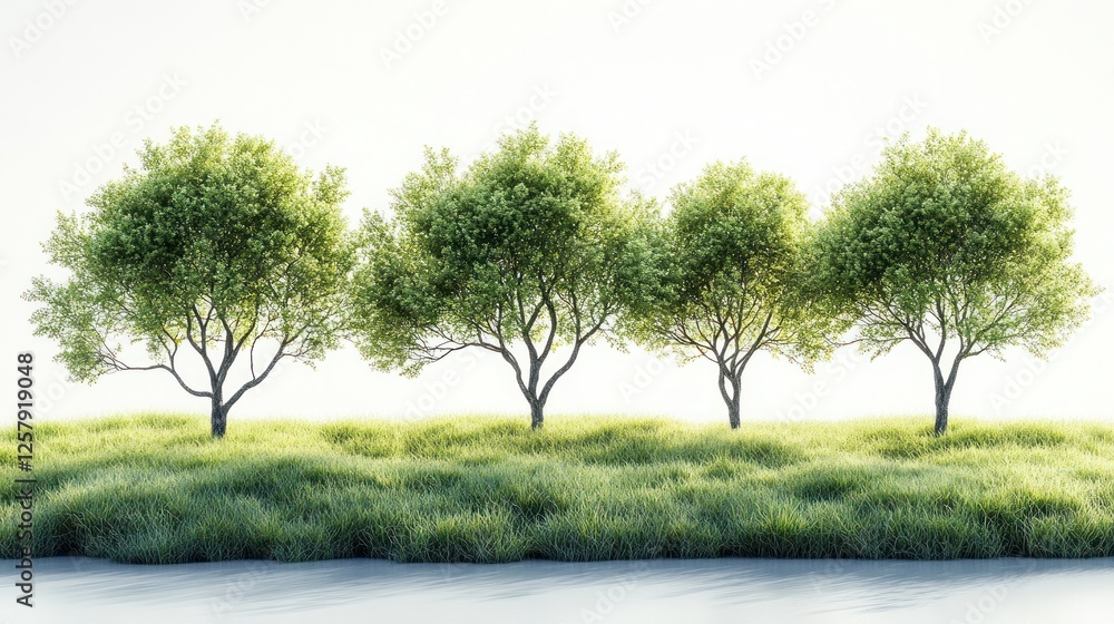 Four trees, grassy field, bright background, landscape design