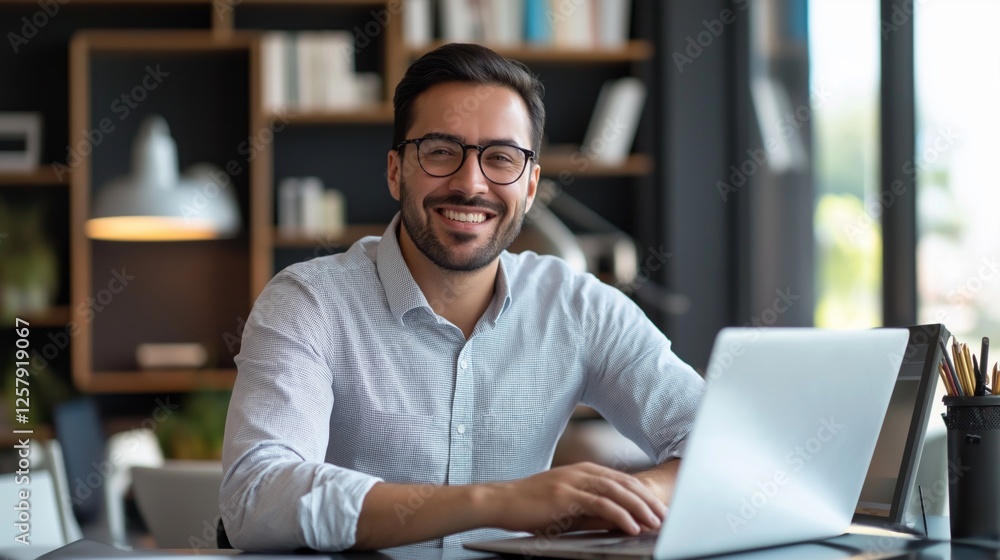 A cheerful professional man works at his laptop in a contemporary office, showcasing confidence and enthusiasm. Natural light fills the room, enhancing the vibrant atmosphere A cheerful professional man works at his laptop in a contemporary office, showcasing confidence and enthusiasm. Natural light fills the room, enhancing the vibrant atmosphere