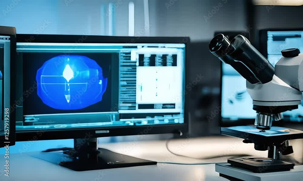 Modern Microscope in Medical Laboratory with Computer Screens Modern Microscope in Medical Laboratory with Computer Screens