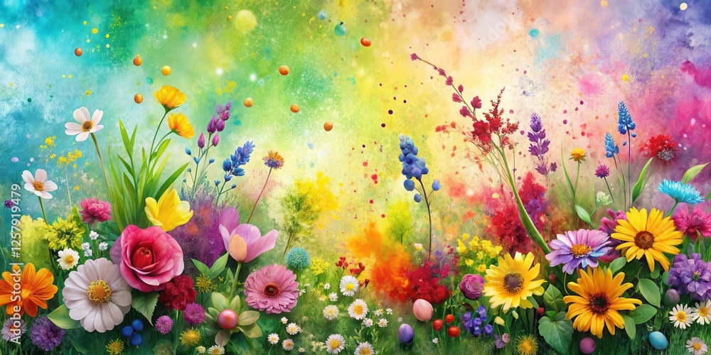 Fototapeta premium Colorful paint splatters on a textured spring background with blooming flowers and greenery , nature-inspired design, floral arrangement