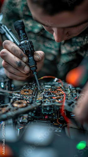 High detail closeup of military drone repairs with focused technician