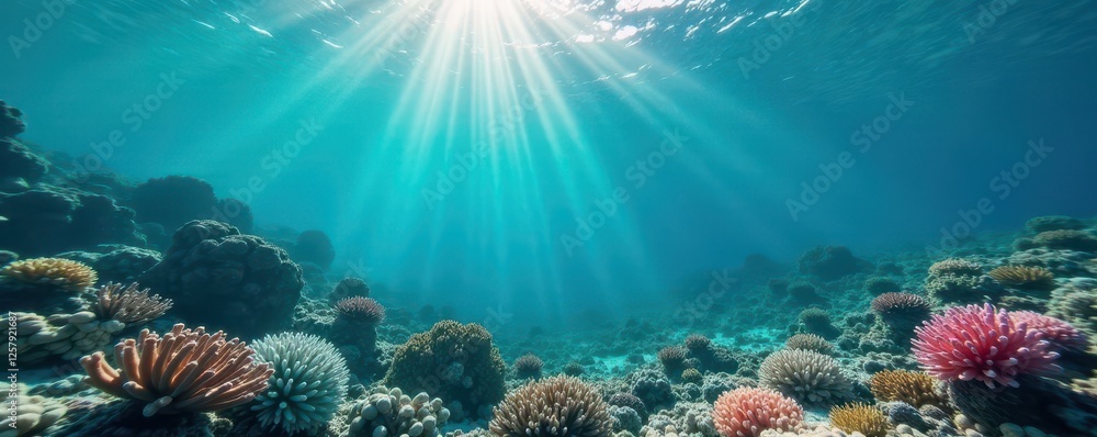 Obraz premium Deep azure water shimmers, reflecting sunlight; vibrant coral below , nature, texture