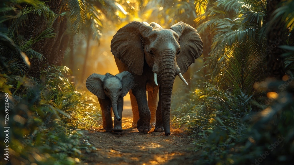 Fototapeta premium Mother Elephant and Calf Walk Through Lush Jungle