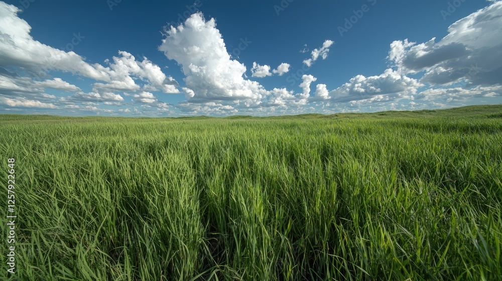Fototapeta premium Wide grassy field under a partly cloudy sky. Possible use Nature background