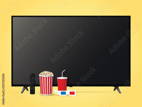 Online movie watching with tv screen, remote control, popcorn, cola, 3d glasses